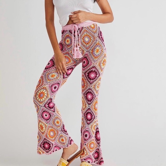 Flook x Free People Diamond Crochet XS Pink High Rise Vintage-Inspired Flare - Picture 6 of 6